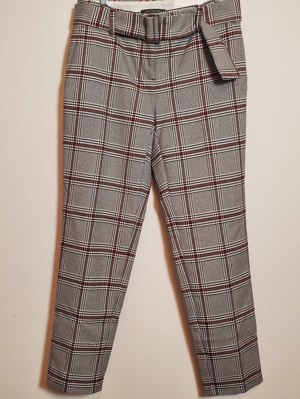 Ann Taylor Black White Red Plaid Belted Slim Ankle Length Mid Rise 0P Pants